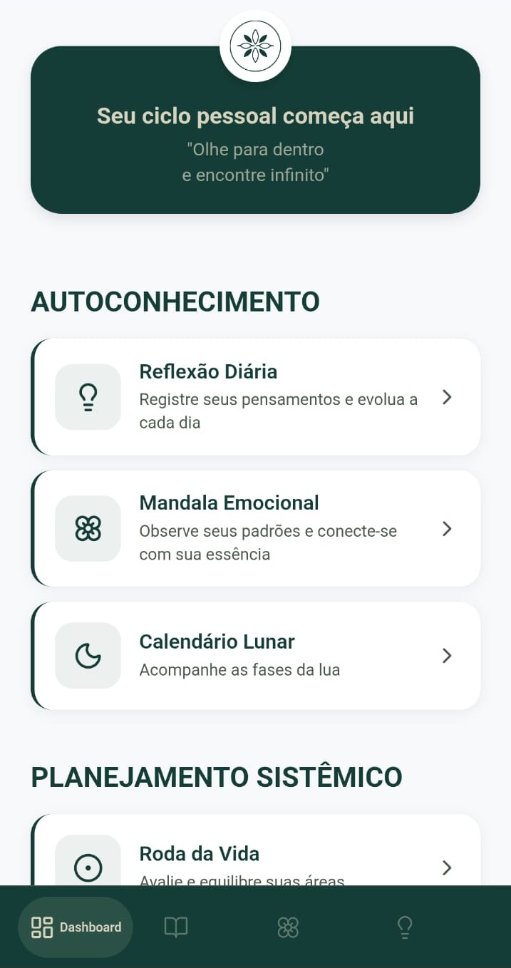 Tela inicial do aplicativo IntegrAtiva, com os módulos de autoconhecimento: reflexão diária, mandala emocional e calendário lunar