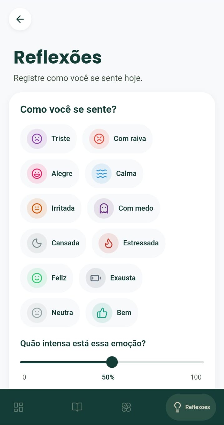 Tela de reflexões do app IntegrAtiva, para registrar como você se sente e a intensidade da emoção